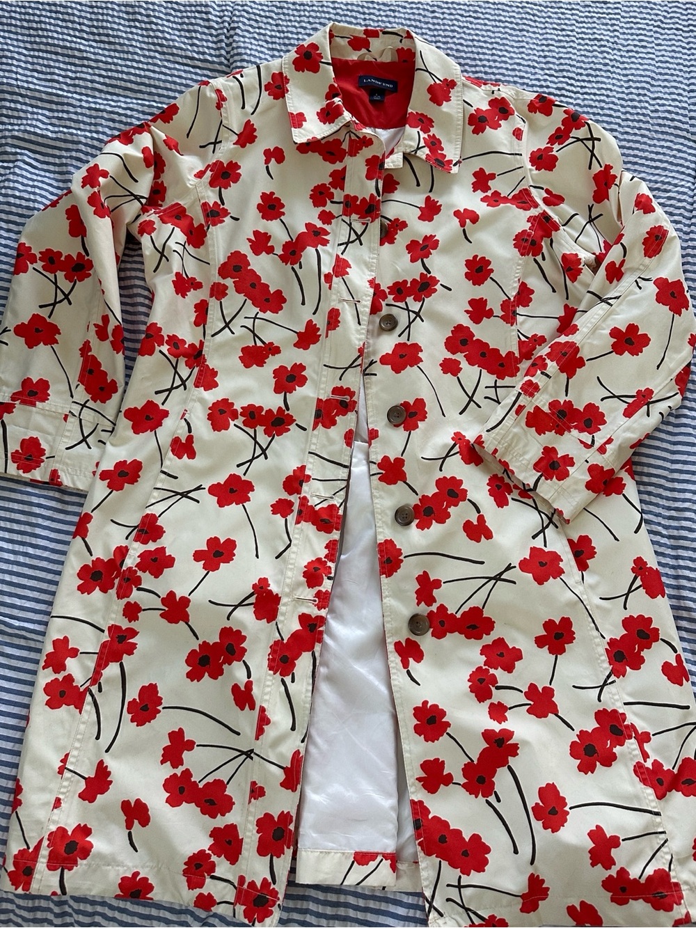 Lands' End Cream Rain Coat with Red Floral Print